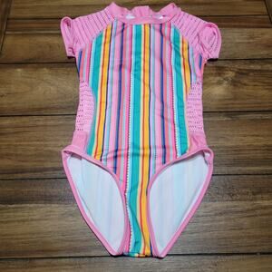 Art Class Girls 1Pc Pink & Multicolored Striped Swimsuit - Size Large (10-12)